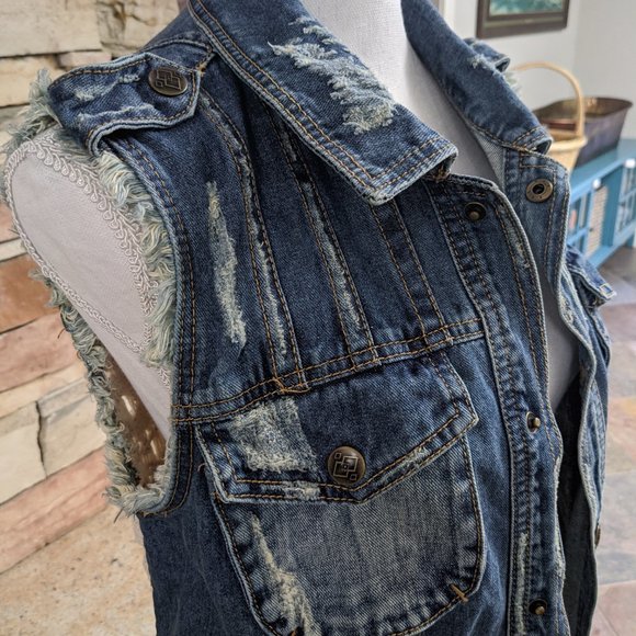 Free People Boho Denim & Crochet Vest SZ M - Picture 2 of 5